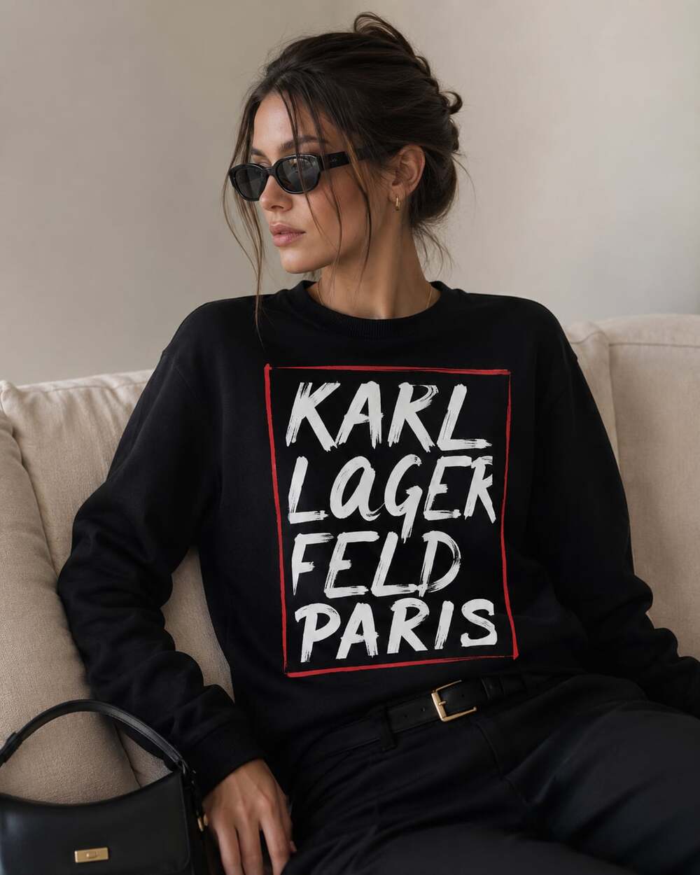 Karl Lagerfeld Paris Graphic Sweatshirt Black Logo Pullover XS Y2K Chic